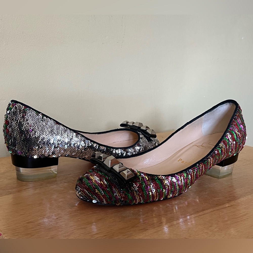 CHRISTIAN LOUBOUTIN MULTICOLOR REVERSIBLE SEQUIN HEELED FLATS